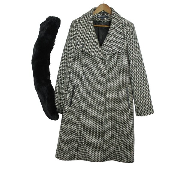French Connection Coat Houndstooth Tweed Removable Faux Fur Collar Size L Luxury - Picture 3 of 8